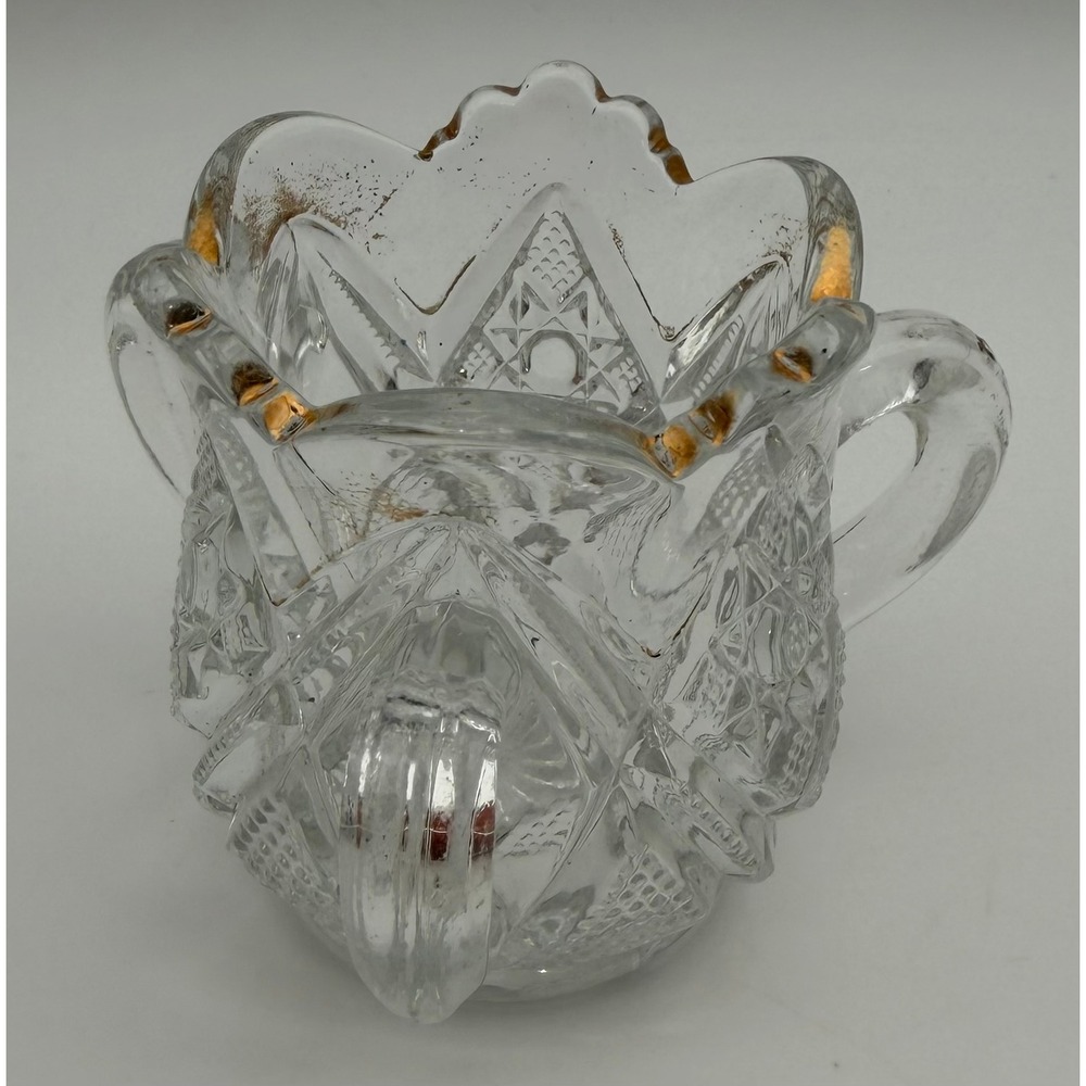 Antique EAPG Pressed Glass Toothpick Holder Gold Trim Scalloped Rim 3 Handle
